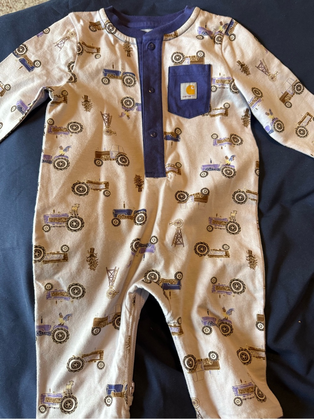 Carhartt Tan and Navy Tractor Henley Footed One-Piece